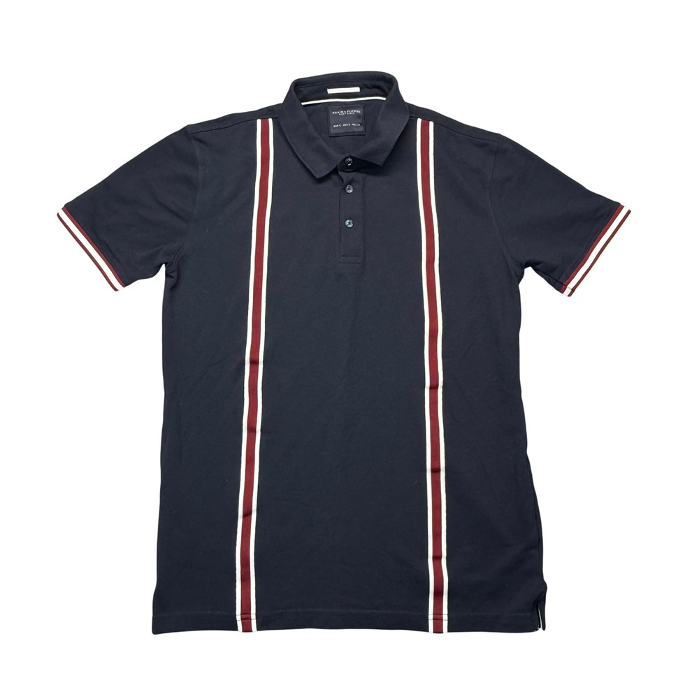 Denim & Flower Polo Shirt Mens Small Navy Blue Red White Vertical Stripe Pique